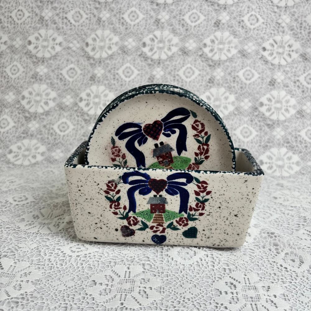 Vintage Country Hearts Stoneware Coaster Set with Holder – 4 Coasters